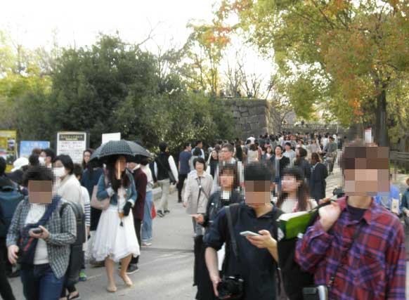 花見の大阪城公園は大混雑で、人ひとばかりです。